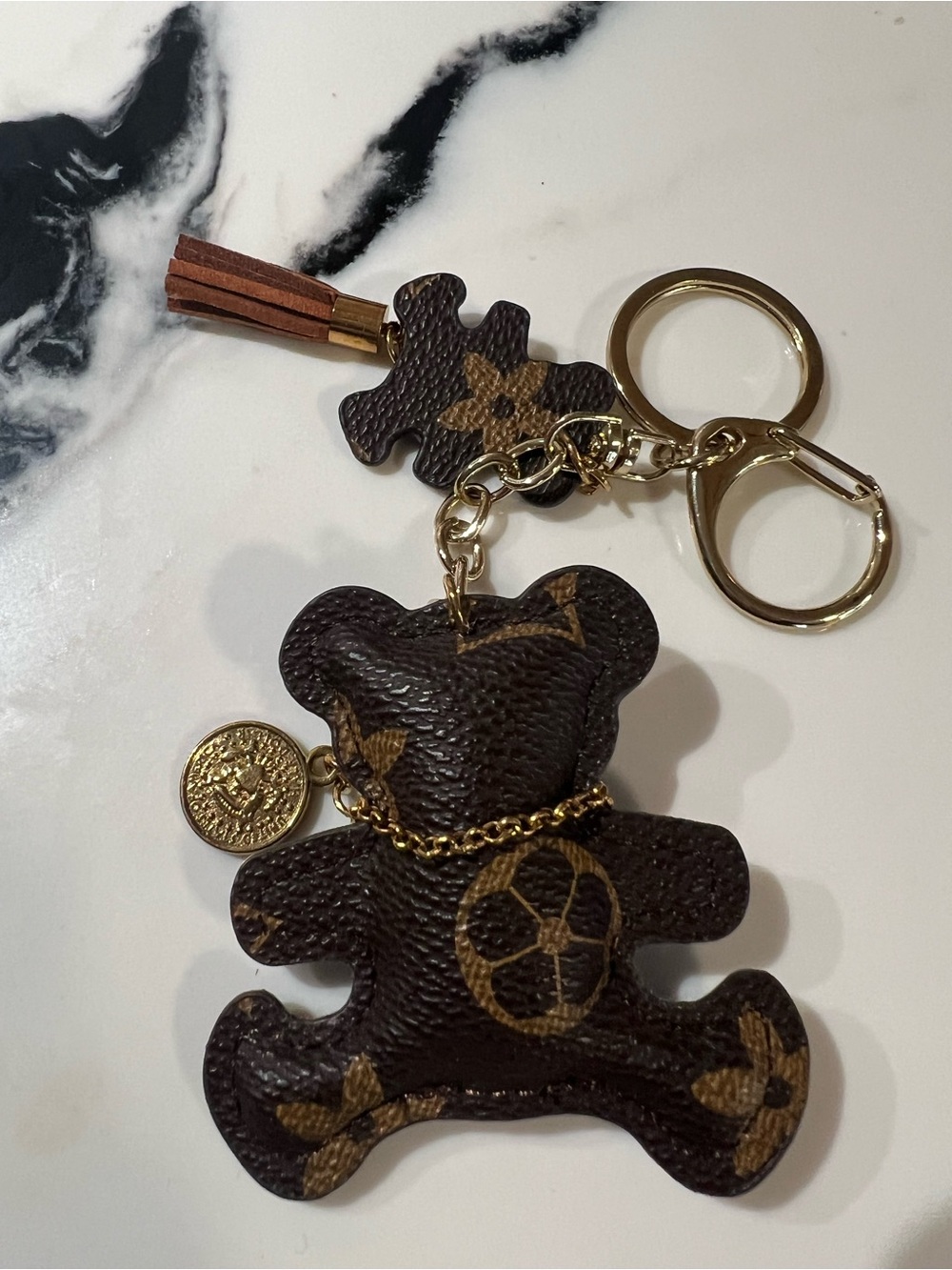 Designer-Inspired Brown Teddy Bear Keychain with Gold Charm - Picture 2 of 4